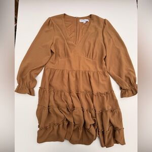 Brown Ruffled Long Sleeve Dress